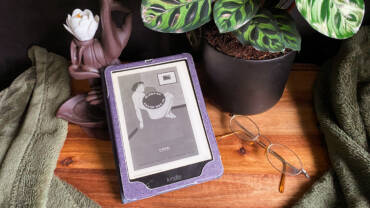 Blow fish on kindle, surrounded by plants, glasses and a sculpture
