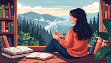woman sitting reflecting on the books she's read, holding a cup of tea whilst looking out across the misty mountains