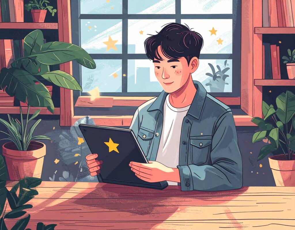 Korean male leaving star rating on a tablet