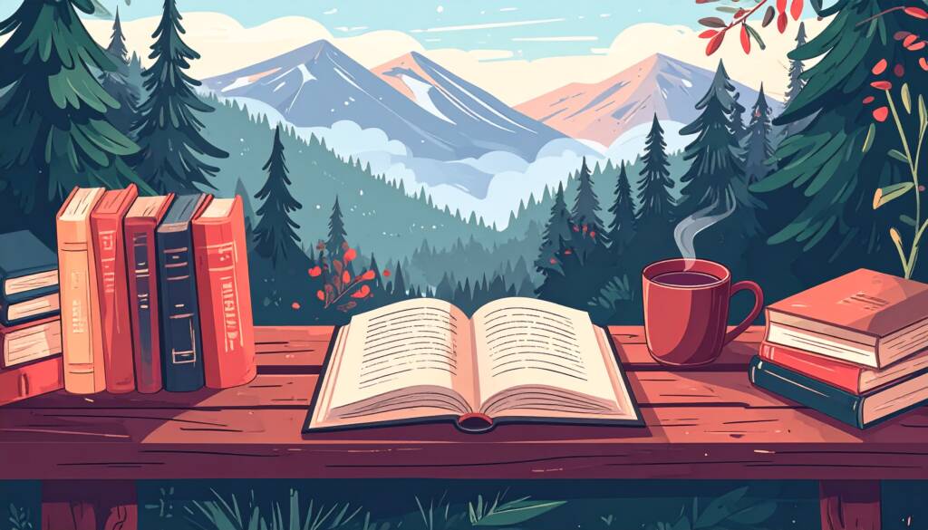 Open book on a bench surrounded by other books and a hot drink, overlooking trees, mountains and fog